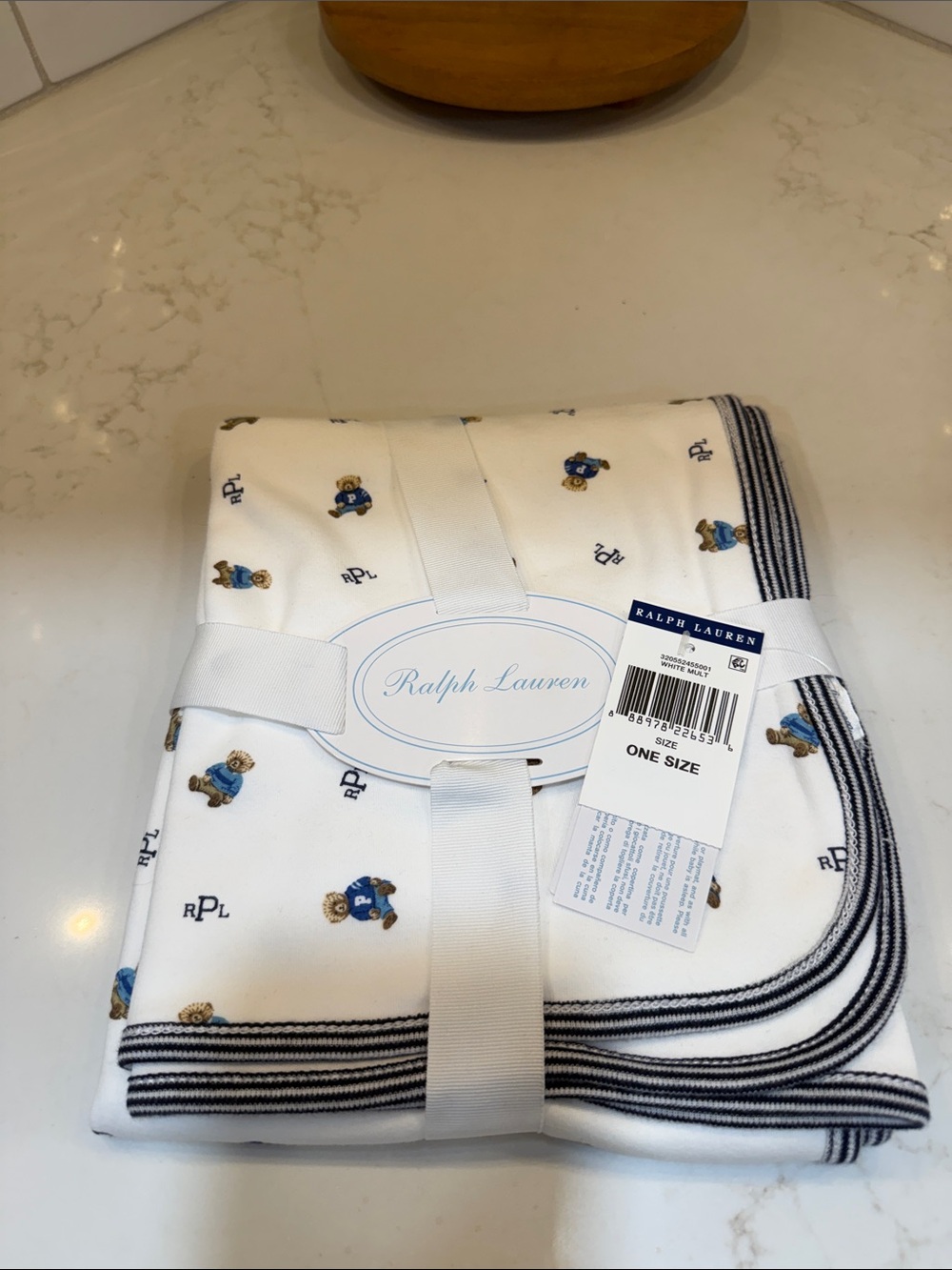 Ralph Lauren White Baby Blanket with Navy & Tan Bear Motif